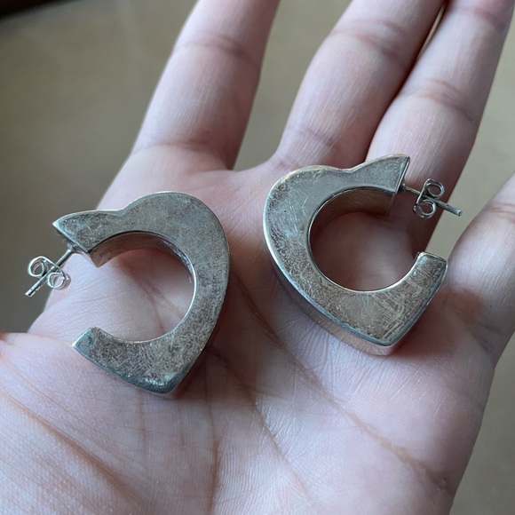 Heart ❤️ vintage 925 statement modernist earrings chunky geometric hoops - Picture 4 of 9